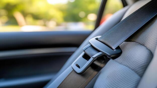 A seatbelt shoulder guide and height adjuster on a vehicle pillar, with green foliage softly blurred beyond the window.