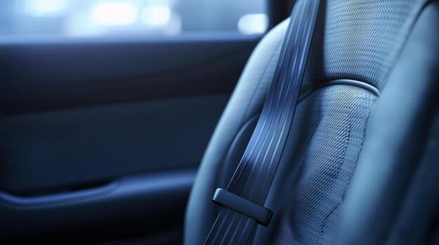 A shoulder belt running down the side of a vehicle seat with the webbing guide visible against a cool blue interior.